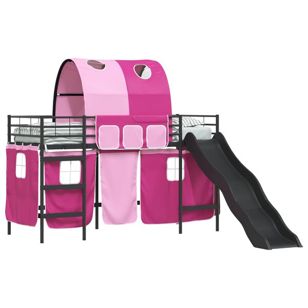 vidaXL Cadre de lit superposé pour enfants avec rideaux Noir et rose