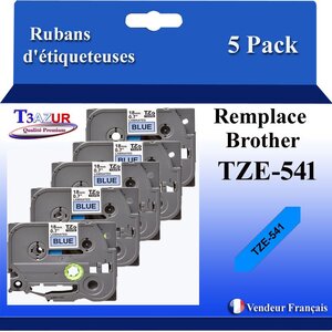 5x Rubans d'étiqueteuses compatibles avec Brother Tze541 Tze-541 pour étiqueteuses P-touch - Texte noir sur fond bleu - T3AZUR