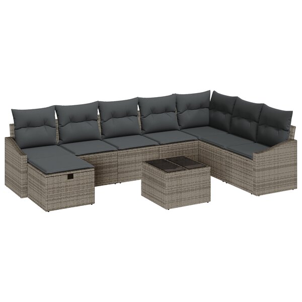vidaXL Set de canapé de jardin 9 pièces avec coussins gris en poly rotin