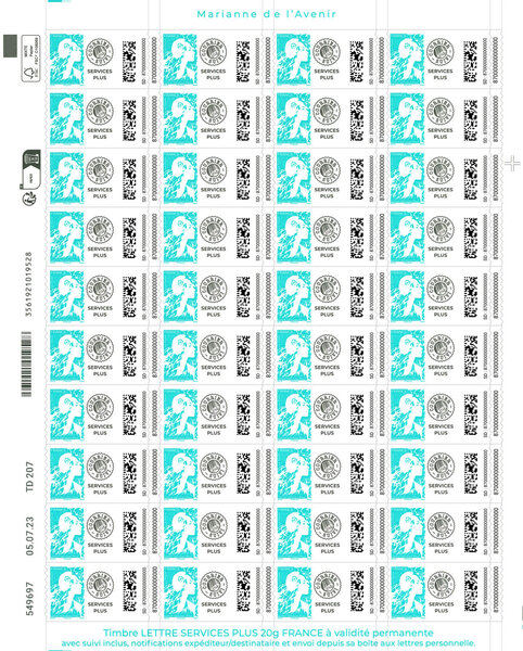 Feuille 40 timbres Marianne de l'avenir - Lettre Services Plus