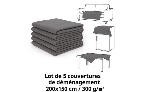 Lot de 5 Couvertures de Déménagement 200x150 cm - 300 g/m² - Protection Meubles Rayures et Chocs - Fibres Recyclées - Réutilisable