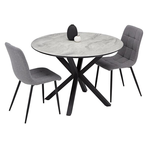 Ensemble repas table ronde 110 cm aspect pierre et 2 chaises grises  pieds metal noir