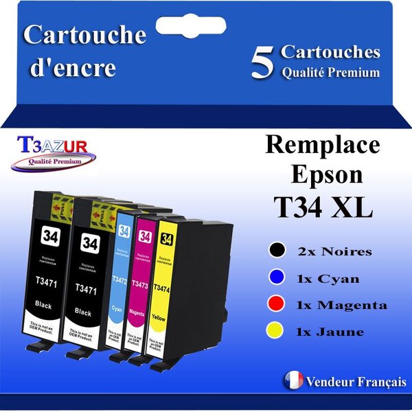 T3AZUR- 5x Cartouches Compatibles avec Epson T3471 T3472 T3473 T3474 T34XL 34XL