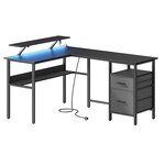 Bureau d'angle avec multiprise 120 x 150 x 76 cm informatique avec rehausseur d’écran bureau gaming led 2 tiroirs 2 ports usb facile à monter noir 12_0004625