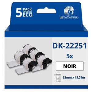 Pack de 5 Rouleaux Étiquettes compatible BROTHER DK-22251 - Largeur 62 mm x 15 24 m - Texte rouge et noir sur fond blanc