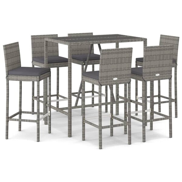 vidaXL Ensemble de bar de jardin 7 Pièces avec coussins gris poly rotin