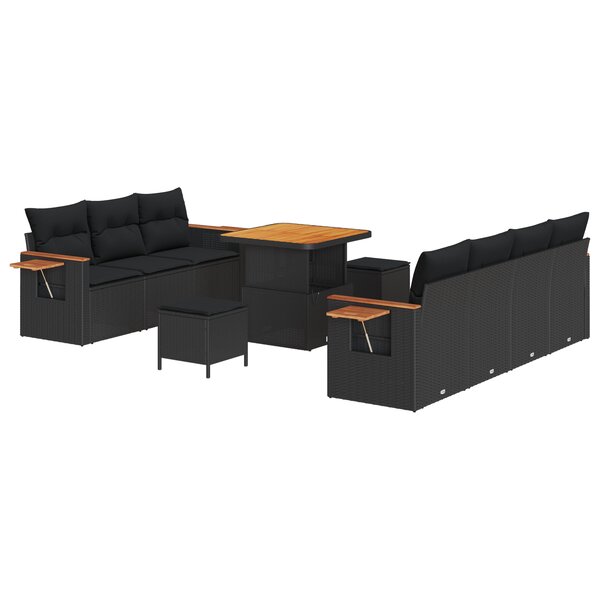 Ensemble de Canapé de Jardin de 10 Pièces avec Coussins Noir en Rotin Poly Acacia