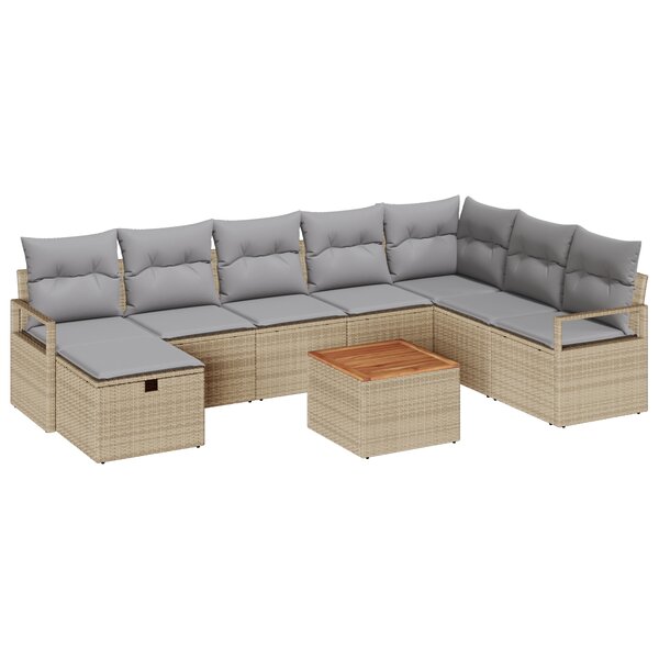 Ensemble de Sofa de Jardin de 9 Pièces avec Coussins Beige Poly Rotin
