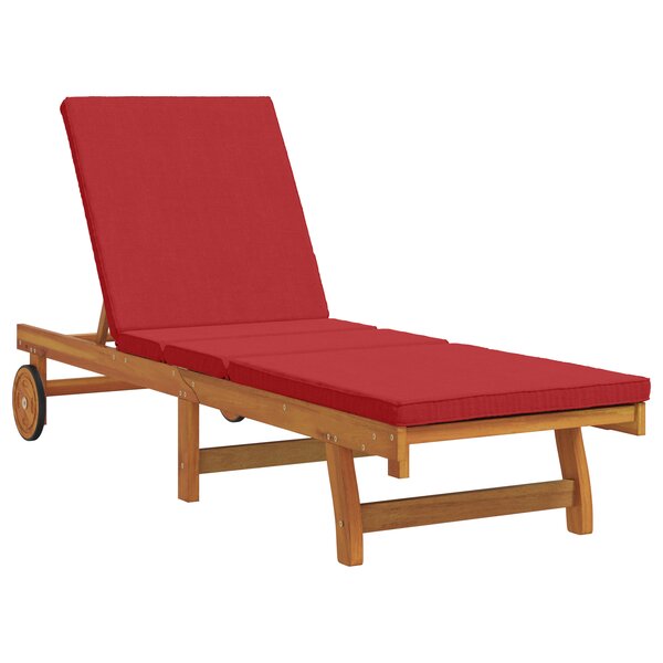 Chaise longue vidaXL avec des roulettes et un coussin rouge en bois massif