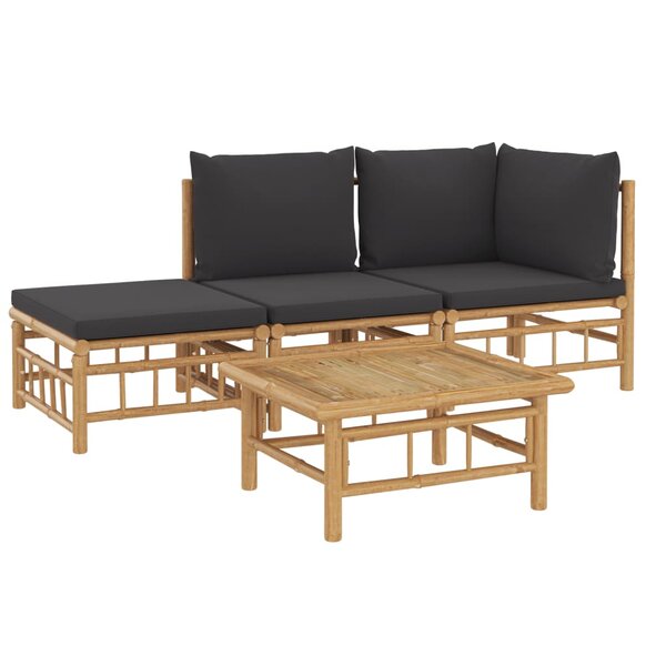 Salon de jardin meuble d'extérieur ensemble de mobilier 4 pièces avec coussins gris foncé bambou 02_0016136