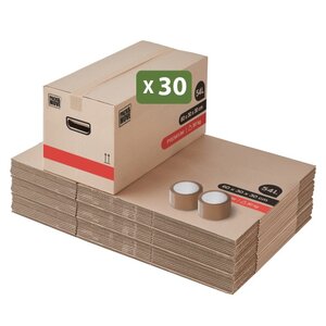 Pack and Move - Lot 30 Cartons Déménagement Premium - 60 X 30 X 30 - Extrême Résistance 30KG - Réutilisable - Poignées Renforcées - 2 Adhésifs Offerts
