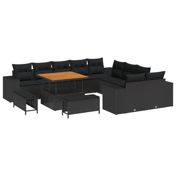 vidaXL Canapé de jardin 13 pièces avec coussins Noir Poly Rattan Acacia