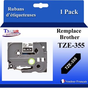 Ruban d'étiqueteuse compatible avec Brother Tze355  Tze-355 pour étiqueteuses P-touch - Texte blanc sur fond noir - Largeur 24 mm x 8 mètres - T3AZUR