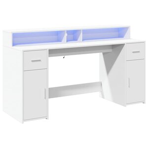 Bureau table poste de travail meuble d'ordinateur informatique étude avec lumières LED 160 x 55 x 91 cm bois d'ingénierie blanc 02_0023408