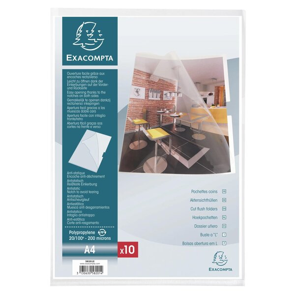Sachet De 10 Pochettes Coin Avec Encoches Polypropylène Lisse Rigide Haute Qualité 20/100e - A4 - Cristal - X 10 - Exacompta