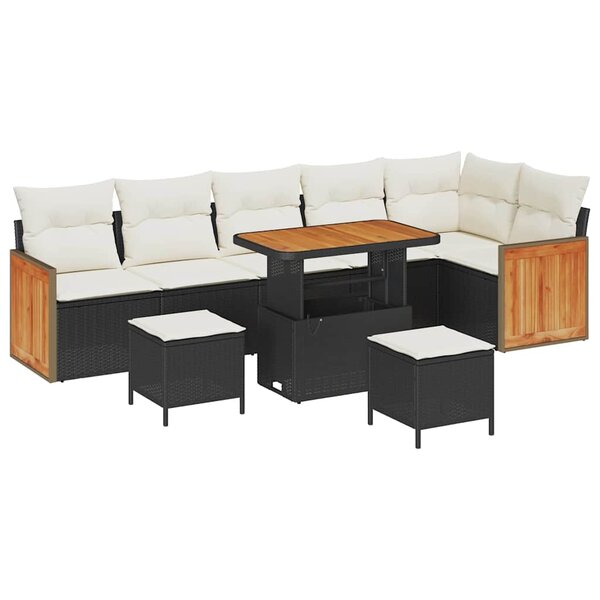 Ensemble de canapé de jardin 9 pièces avec coussins noir poly rattan acacia