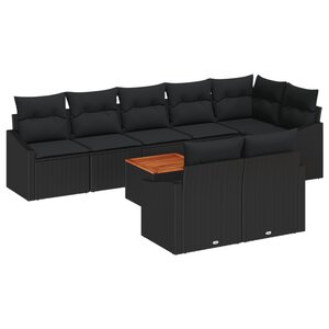 vidaXL Ensemble de Canapé de Jardin 9 Pièces avec Coussins Noir Poly Rotin Acacia