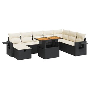vidaXL Salon de jardin avec coussins 9 Pièces noir résine tressée acacia