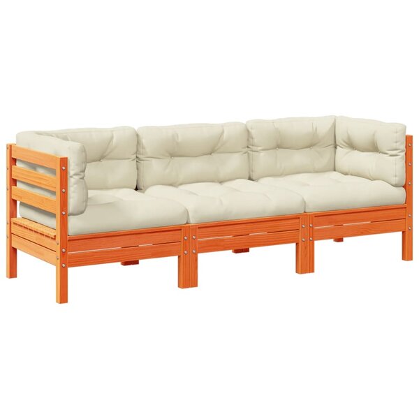 vidaXL Salon de jardin 3 Pièces avec coussins cire marron bois pin massif