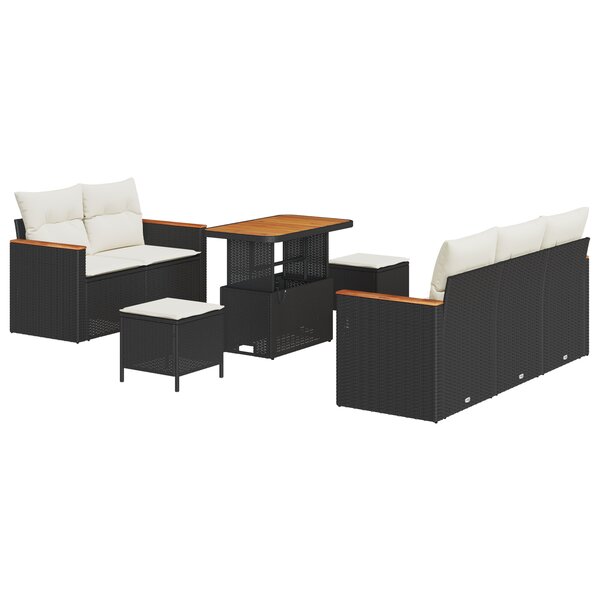 Ensemble de Canapé de Jardin 8 pièces vidaXL avec Coussins Noir en Rotin Poly Acacia