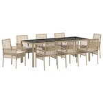 Ensemble de salle à manger de jardin 9 pièces avec coussins en poly rattan beige