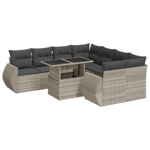 vidaXL Salon de jardin 9 Pièces avec coussins gris clair résine tressée