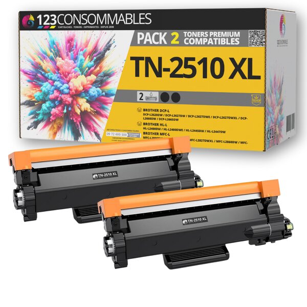 123CONSOMMABLES - TN2510 XL - Pack 2 Toners compatible avec Brother TN-2510 XL pour Brother MFC-L2800DW HL-L2400DWE DCP-L2627DWE MFC-L2827DW HL-L2445DW MFC-L2860DW