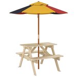vidaXL Table de pique-nique pour 4 enfants avec parasol bois de sapin