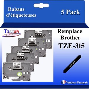 5x  Rubans d'étiqueteuses compatibles avec Brother Tze315  Tze-315 pour étiqueteuses P-touch - Texte blanc sur fond noir - Largeur 6 mm x 8 mètres - T3AZUR