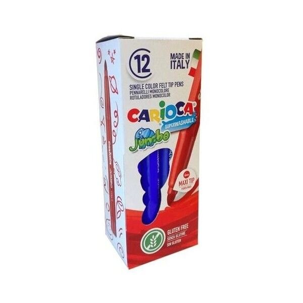 LOT de 12 Stylo marqueur Carioca Jumbo - Corps Maxi Octogonal - Encre Super Lavable - Pointe Verrouillée Maxi 6mm - Capuchon Ventilé - Couleur Bleu