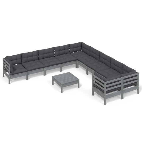 vidaXL Salon de jardin 11 Pièces avec coussins gris bois de pin