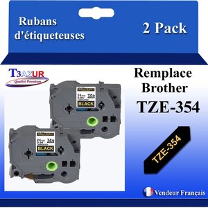 2x Rubans d'étiqueteuses compatibles avec Brother Tze354  Tze-354 pour étiqueteuses P-touch - Texte doré sur fond noir - Largeur 24 mm x 8 mètres - T3AZUR