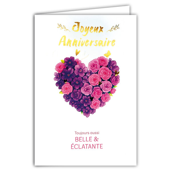69-3106 Carte Anniversaire pour Fille Femme Belle & éclatante Cœur Bouquet de Fleurs Roses Violettes - Finitions Dorure Or Doré + Gaufrage en Relief +1 Enveloppe Format 12x17cm - Fabriqué en Europe