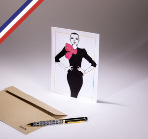 Carte simple magnifique créée et imprimée en france - femme écharpe rouge à pois dorés