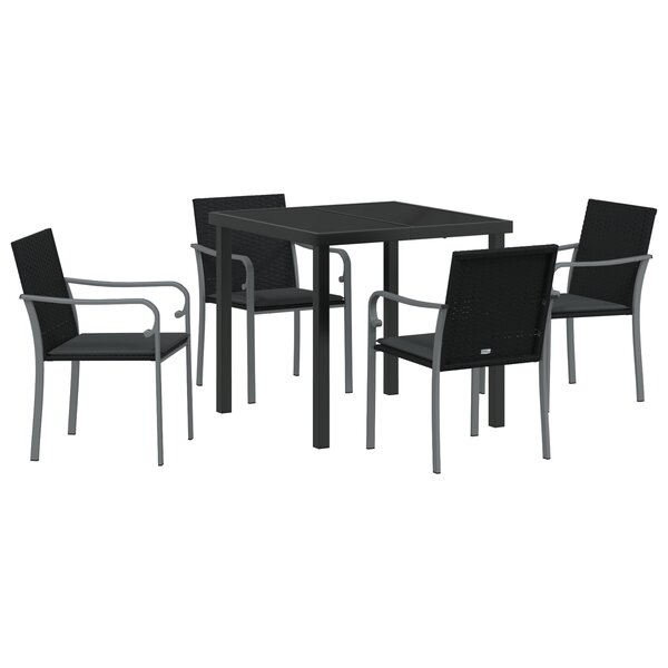 Ensemble de salle à manger de jardin 5 pièces avec coussins en poly rotin noir