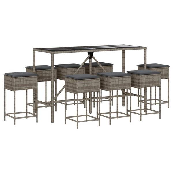vidaXL Ensemble de bar de jardin 9 Pièces avec coussins gris poly rotin