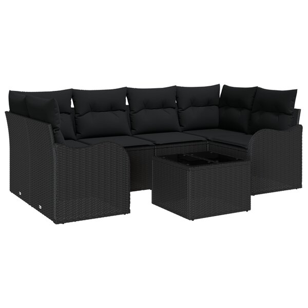 Ensemble de canapé de jardin de 7 pièces avec coussins en rotin synthétique noir