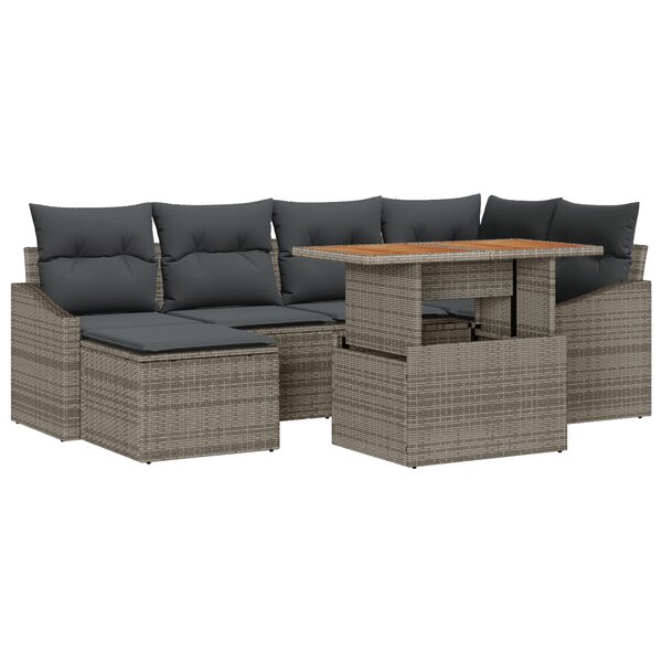 vidaXL Ensemble de dîner de jardin 7 pièces avec coussins gris en rotin poly acacia