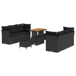 Ensemble de canapé de jardin 9 pièces avec coussins noir poly rotin acacia