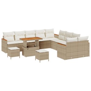 Ensemble de canapé de jardin de 13 pièces avec coussins Beige Poly Rattan Acacia