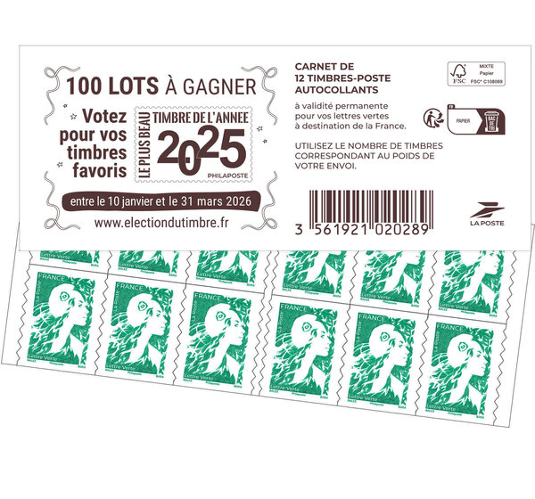 Carnet 12 timbres Marianne de l'avenir - Lettre Verte - Election du timbre de l'année 2025