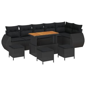 vidaXL Ensemble de Canapés de Jardin 10 Pièces avec Coussins Noir Poly Rattan Acacia
