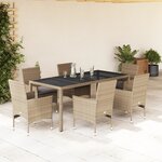 vidaXL Ensemble à manger de jardin et coussins 7 Pièces beige rotin verre