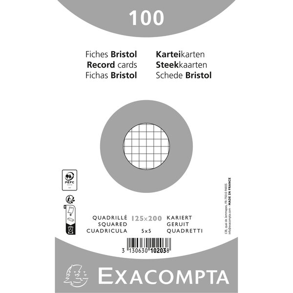 Paquet 100 Fiches Sous Film - Bristol Quadrillé 5x5 Non Perforé 125x200mm - Blanc - X 12 - Exacompta