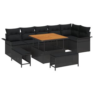 vidaXL Ensemble de canapé de jardin 9 pièces avec coussins Noir Poly Rattan Acacia