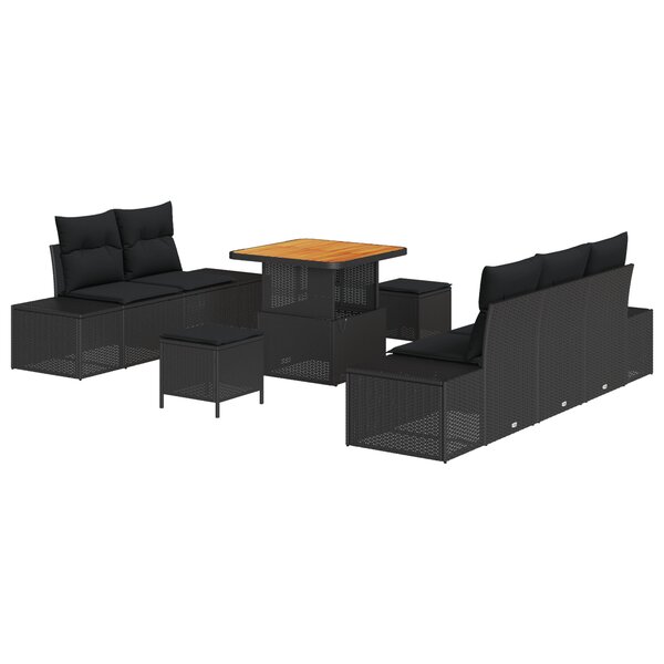 Set de Canapé de Jardin 8 Pièces avec Coussins Rattan Poly Noir Acacia