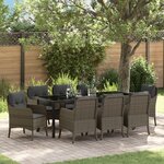 vidaXL Ensemble de repas de jardin 9 pièces avec coussins gris en rattan poly
