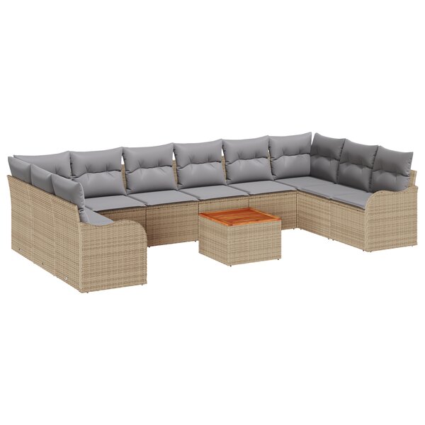 Set de Canapé de Jardin 11 pièces avec Coussins Beige Rotin Poly Acacia