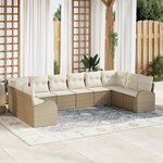 Ensemble de canapé de jardin 10 pièces avec coussins beige en poly rotin