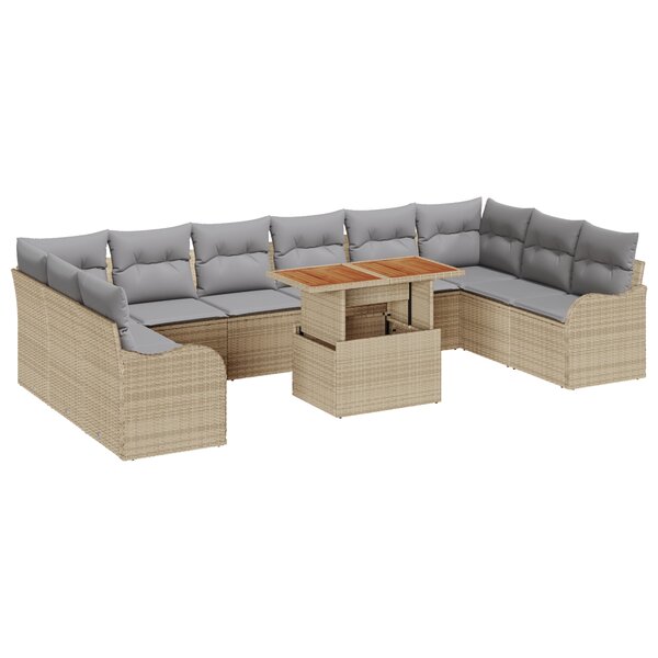 Ensemble de canapé de jardin 11 pièces avec coussins beige poly rotin